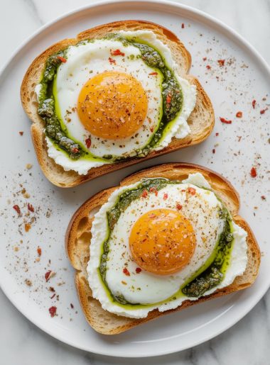 Overhead view of two slices of golden toasted sourdough bread on a white ceramic plate each topped with a generous spread of creamy white ricotta and a pesto fried egg with bright golden runny yolk surrounded by vivid green pesto infused egg whites, red pepper flakes and cracked black pepper scattered across the surface on a white marble surface