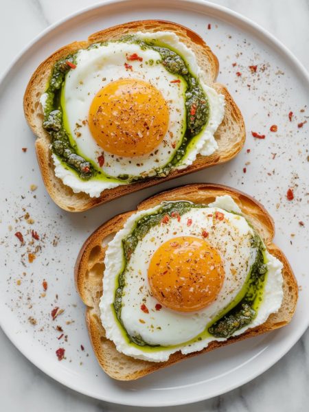 Overhead view of two slices of golden toasted sourdough bread on a white ceramic plate each topped with a generous spread of creamy white ricotta and a pesto fried egg with bright golden runny yolk surrounded by vivid green pesto infused egg whites, red pepper flakes and cracked black pepper scattered across the surface on a white marble surface