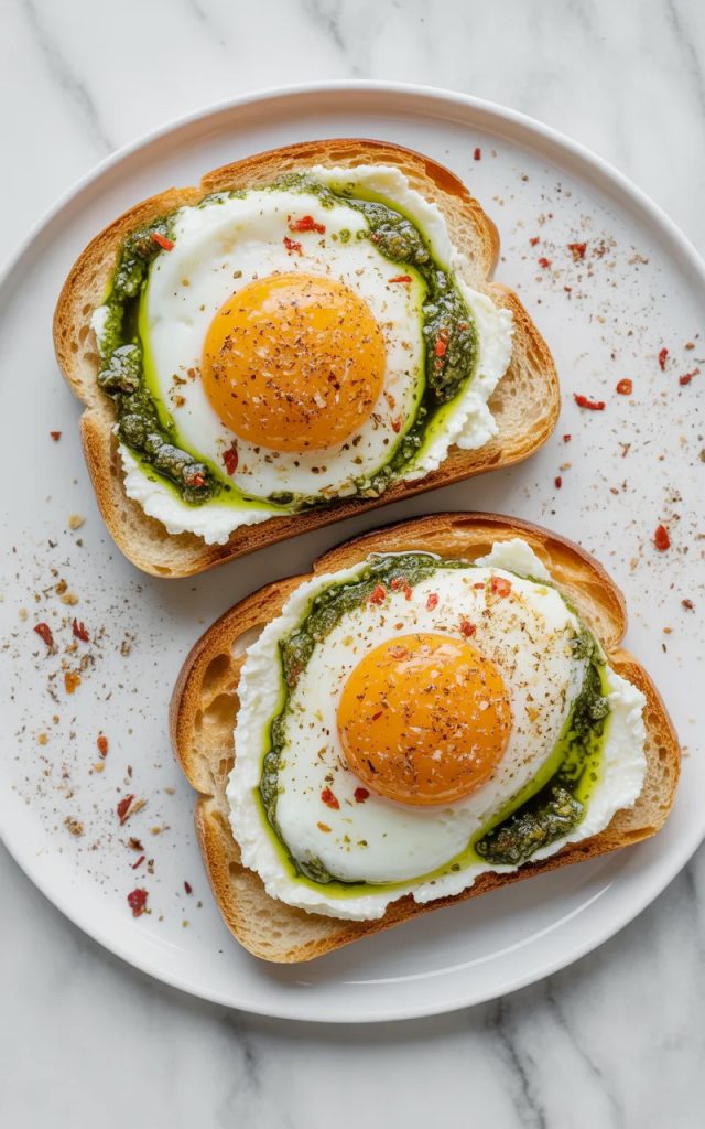 Overhead view of two slices of golden toasted sourdough bread on a white ceramic plate each topped with a generous spread of creamy white ricotta and a pesto fried egg with bright golden runny yolk surrounded by vivid green pesto infused egg whites, red pepper flakes and cracked black pepper scattered across the surface on a white marble surface