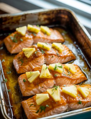 Four pineapple glazed salmon fillets in a rustic baking dish topped with caramelized pineapple chunks and fresh parsley