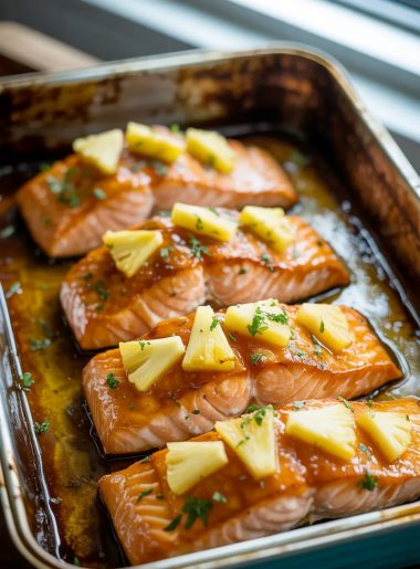 Four pineapple glazed salmon fillets in a rustic baking dish topped with caramelized pineapple chunks and fresh parsley