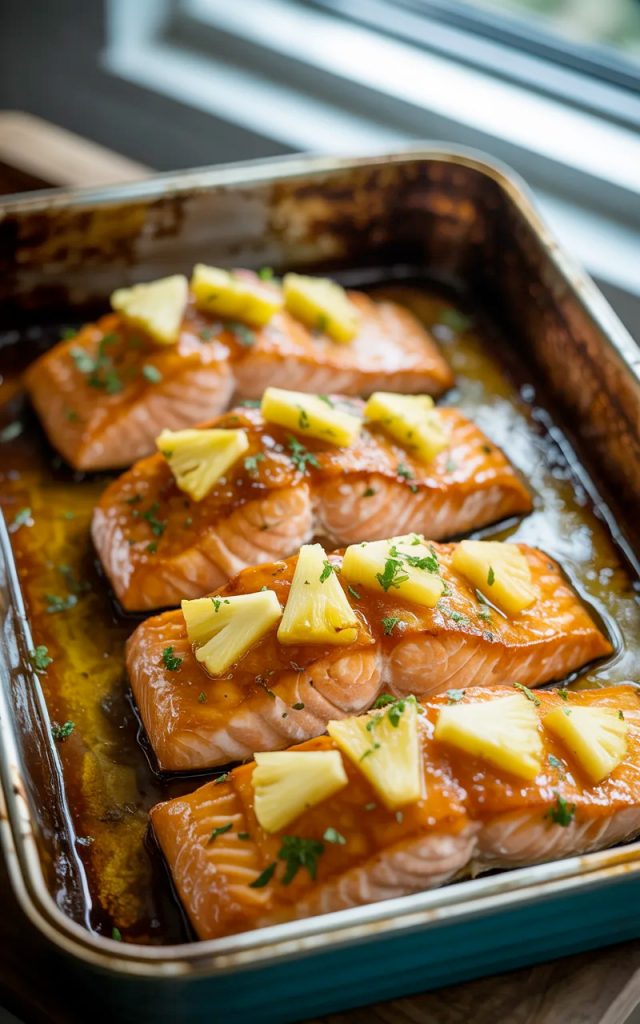 Four pineapple glazed salmon fillets in a rustic baking dish topped with caramelized pineapple chunks and fresh parsley