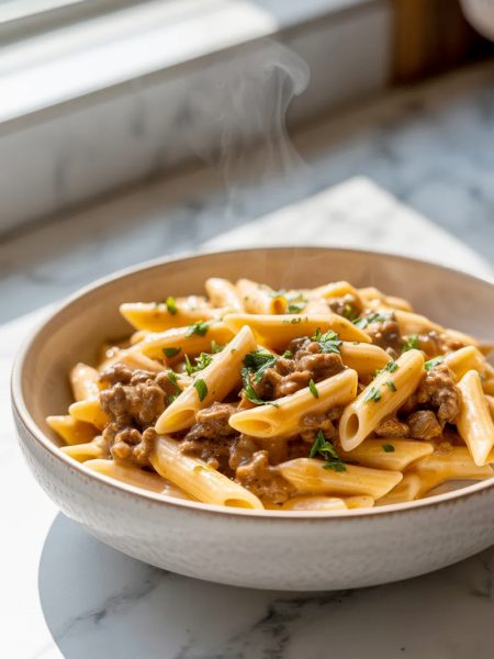 A bowl of quick creamy beef pasta topped with ground beef, creamy cheese sauce and fresh parsley