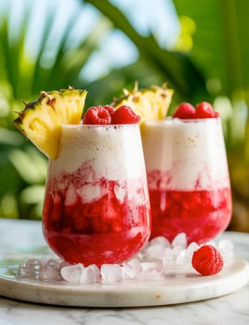 Two tall glasses of raspberry colada twist showing a stunning two-toned effect with deep raspberry red at the bottom and creamy white coconut pineapple layer on top garnished with fresh raspberries and pineapple wedges on a bed of crushed ice