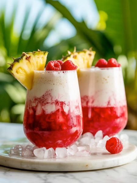 Two tall glasses of raspberry colada twist showing a stunning two-toned effect with deep raspberry red at the bottom and creamy white coconut pineapple layer on top garnished with fresh raspberries and pineapple wedges on a bed of crushed ice
