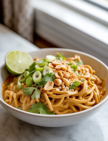 A white ceramic bowl of creamy red curry peanut noodles topped with sliced green onions fresh cilantro crushed peanuts sesame seeds and a lime wedge on a light surface