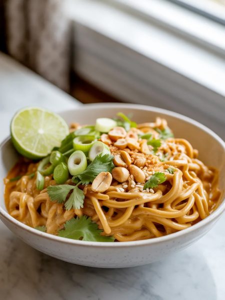 A white ceramic bowl of creamy red curry peanut noodles topped with sliced green onions fresh cilantro crushed peanuts sesame seeds and a lime wedge on a light surface