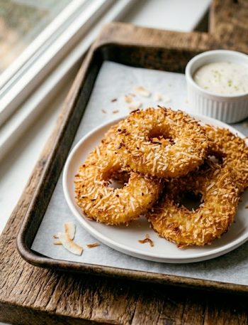 Golden crispy coconut-coated rum-soaked fried pineapple rings arranged on a white plate with a creamy honey mustard dipping sauce in a small bowl