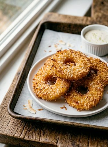 Golden crispy coconut-coated rum-soaked fried pineapple rings arranged on a white plate with a creamy honey mustard dipping sauce in a small bowl