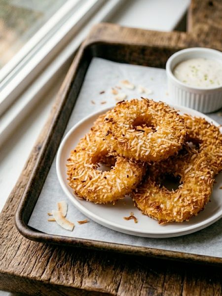 Golden crispy coconut-coated rum-soaked fried pineapple rings arranged on a white plate with a creamy honey mustard dipping sauce in a small bowl