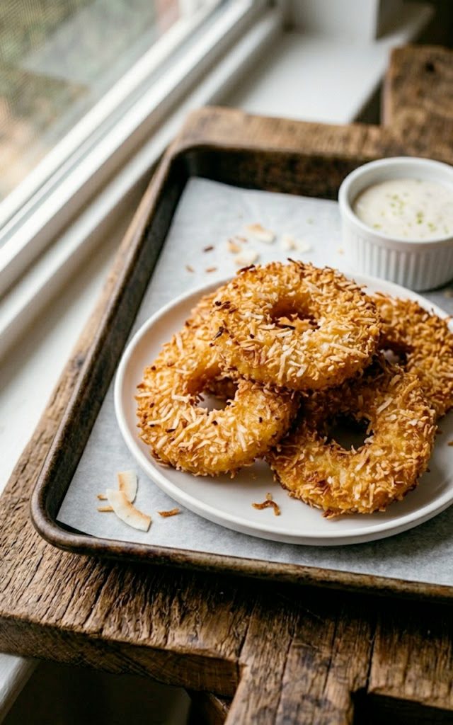 Golden crispy coconut-coated rum-soaked fried pineapple rings arranged on a white plate with a creamy honey mustard dipping sauce in a small bowl
