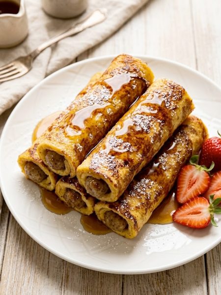 Golden brown sausage French toast roll-ups stacked on a white plate drizzled with maple syrup