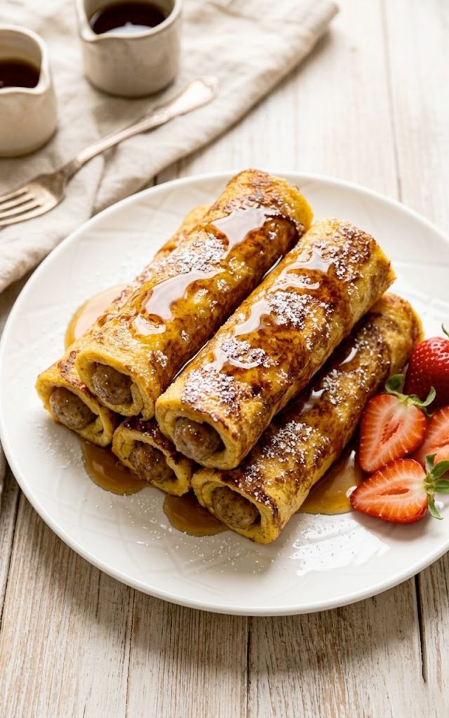 Golden brown sausage French toast roll-ups stacked on a white plate drizzled with maple syrup