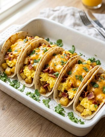 A white baking dish filled with rows of baked breakfast tacos loaded with fluffy scrambled eggs crispy bacon golden potatoes and melted cheddar cheese garnished with fresh cilantro