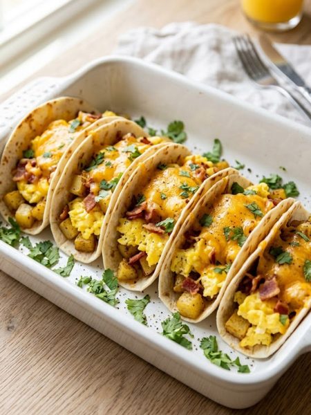 A white baking dish filled with rows of baked breakfast tacos loaded with fluffy scrambled eggs crispy bacon golden potatoes and melted cheddar cheese garnished with fresh cilantro