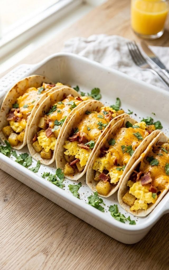 A white baking dish filled with rows of baked breakfast tacos loaded with fluffy scrambled eggs crispy bacon golden potatoes and melted cheddar cheese garnished with fresh cilantro