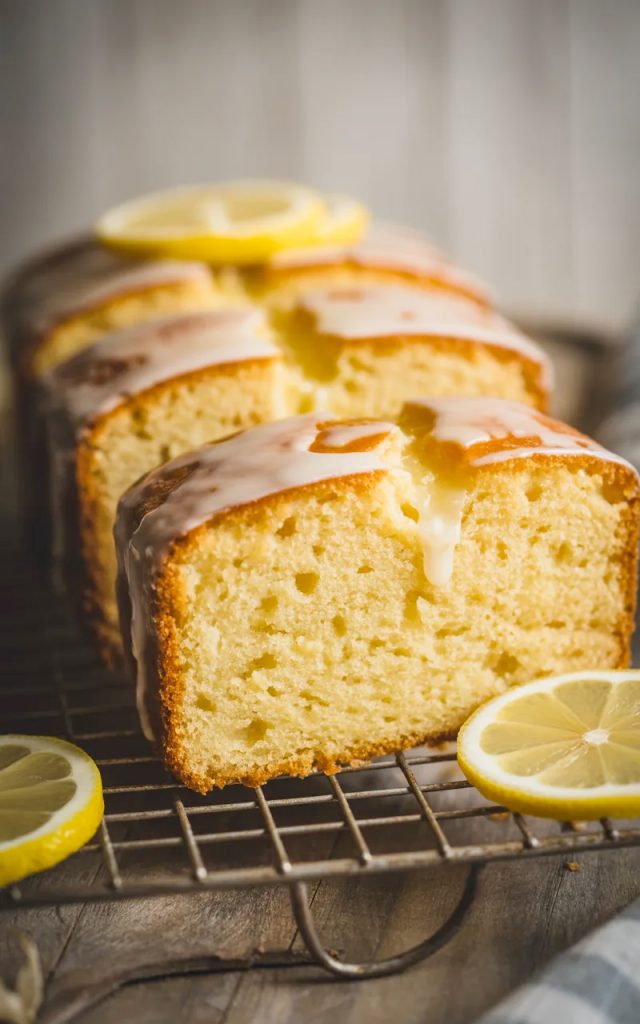Three thick slices of golden lemon pound cake arranged on a wire cooling rack with a glossy lemon syrup glaze on top and thin lemon rounds as garnish on a wooden surface
