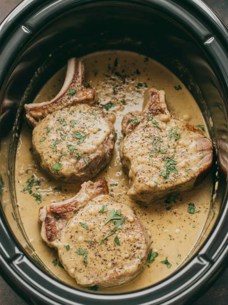 Three golden seared pork chops in a slow cooker smothered in a rich creamy garlic parmesan sauce garnished with fresh parsley and cracked black pepper