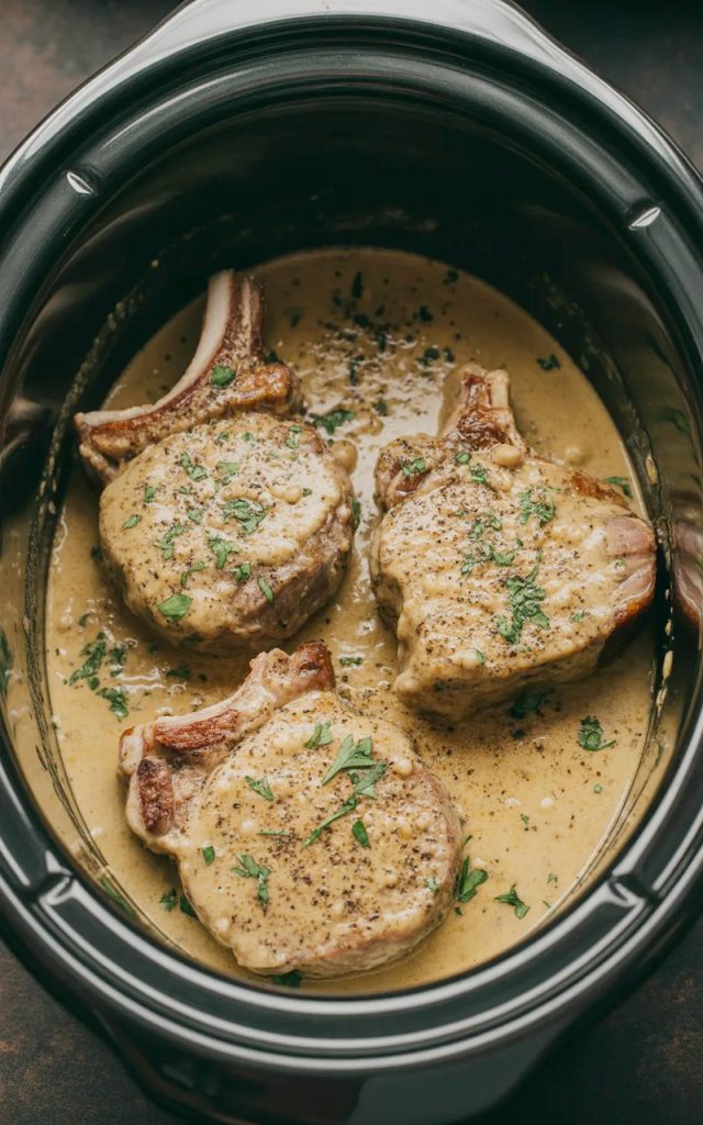 Three golden seared pork chops in a slow cooker smothered in a rich creamy garlic parmesan sauce garnished with fresh parsley and cracked black pepper