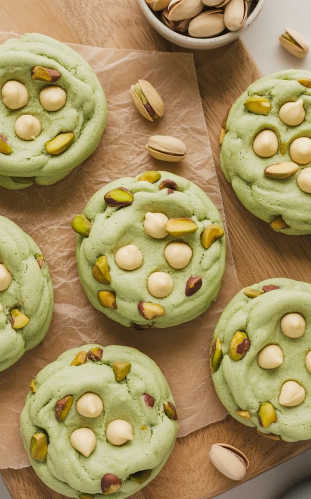 Close-up of soft green pistachio pudding cookies with white chocolate chips on parchment paper
