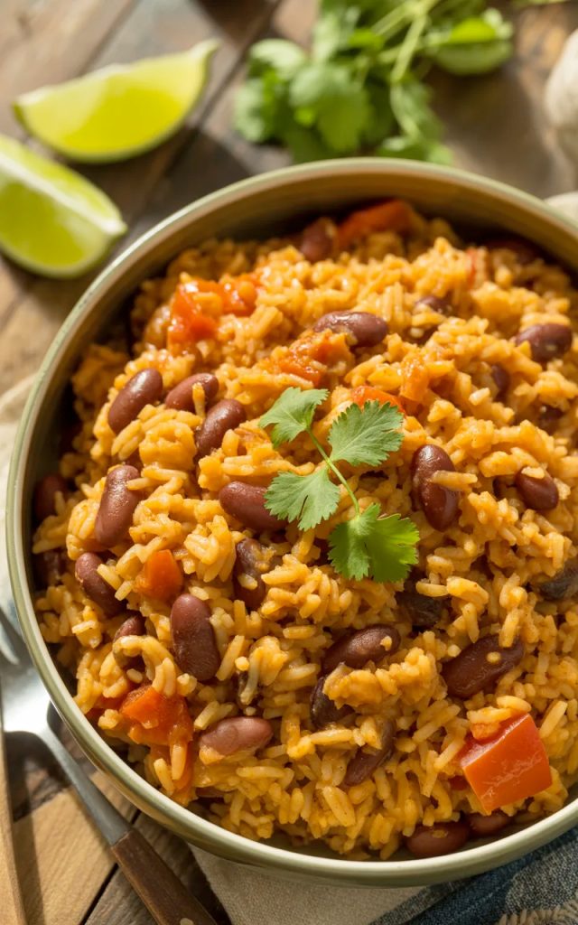 A bowl of Spanish rice and beans garnished with fresh cilantro and lime wedges on a rustic wooden table
