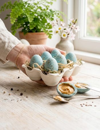 Hand holding a tray of robin's egg blue speckled chocolate Easter eggs with two eggs cut open showing the creamy peanut butter filling inside, styled on a light surface with a green plant in the background