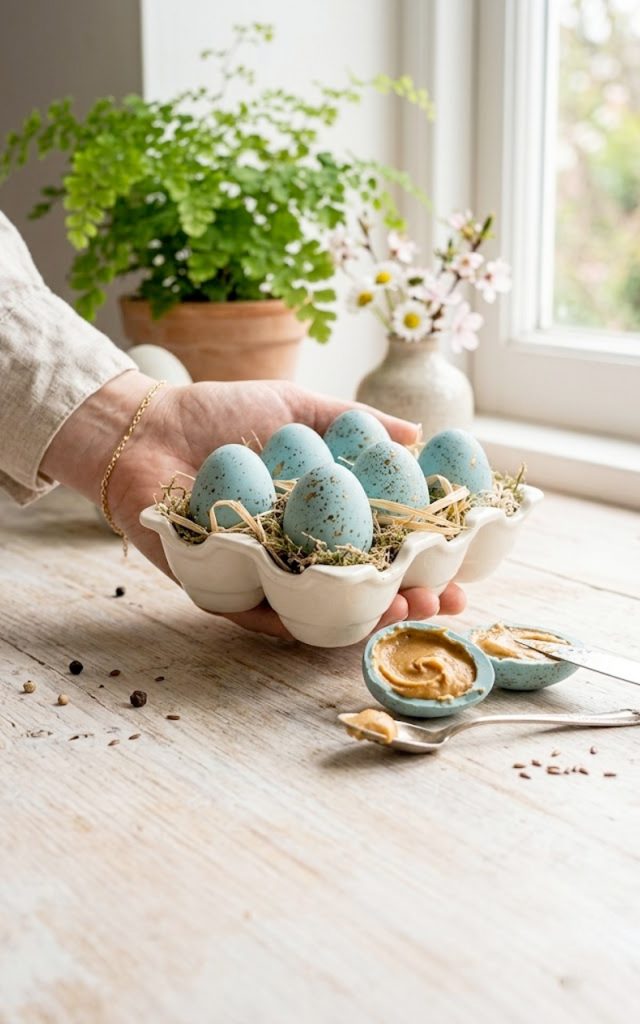 Hand holding a tray of robin's egg blue speckled chocolate Easter eggs with two eggs cut open showing the creamy peanut butter filling inside, styled on a light surface with a green plant in the background