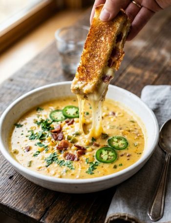 A white bowl of creamy spicy jalapeno popper soup with crispy bacon and jalapeno rounds topped with fresh parsley with a golden grilled cheese dipper being pulled out showing a dramatic cheese pull