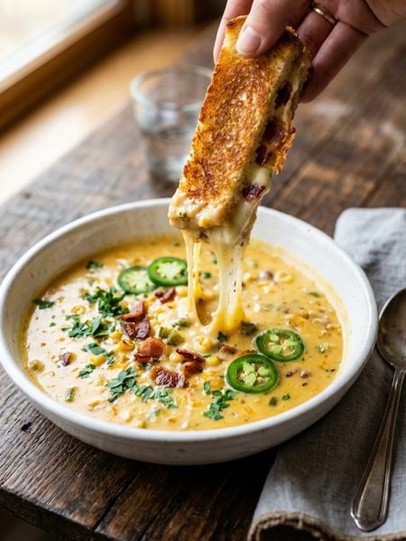A white bowl of creamy spicy jalapeno popper soup with crispy bacon and jalapeno rounds topped with fresh parsley with a golden grilled cheese dipper being pulled out showing a dramatic cheese pull