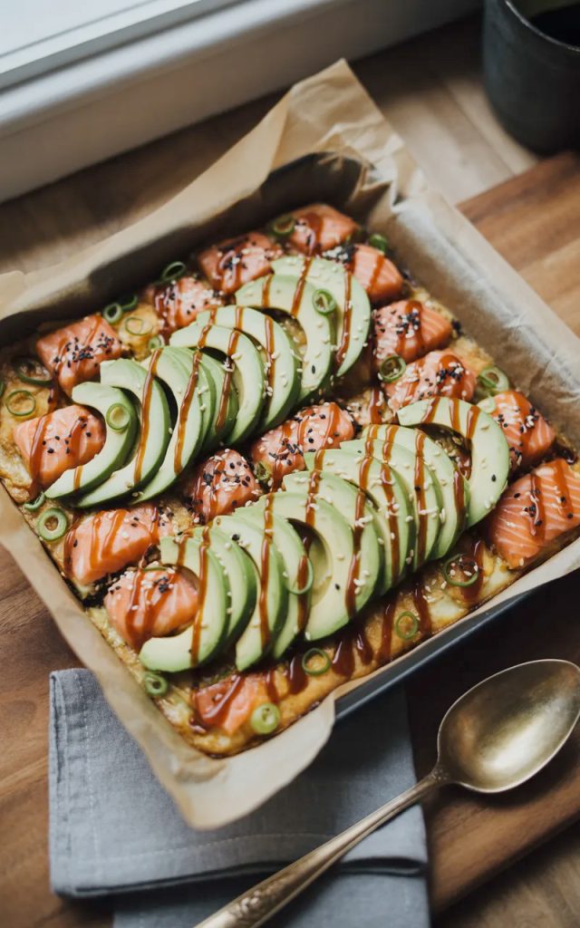 Spicy salmon sushi bake in a square baking dish topped with sliced avocado black sesame seeds green onions and zigzag drizzle of sriracha mayo and Kewpie mayo on a wooden surface