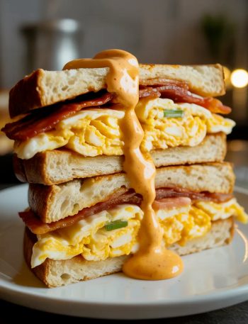 Angled close up of a spicy chipotle egg breakfast sandwich cut in half and stacked showing layers of fluffy scrambled eggs, crispy bacon, and smoky chipotle mayo sauce dripping down the sides of golden toasted sourdough bread with fresh chives scattered throughout