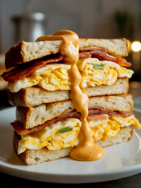 Angled close up of a spicy chipotle egg breakfast sandwich cut in half and stacked showing layers of fluffy scrambled eggs, crispy bacon, and smoky chipotle mayo sauce dripping down the sides of golden toasted sourdough bread with fresh chives scattered throughout