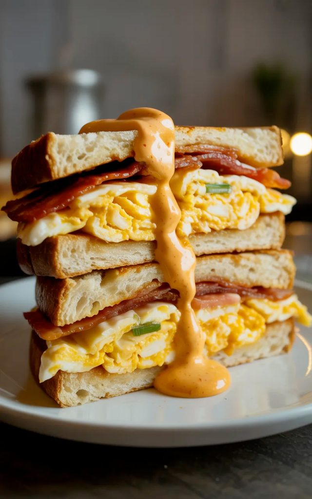 Angled close up of a spicy chipotle egg breakfast sandwich cut in half and stacked showing layers of fluffy scrambled eggs, crispy bacon, and smoky chipotle mayo sauce dripping down the sides of golden toasted sourdough bread with fresh chives scattered throughout