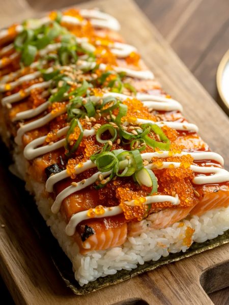 A rectangular spicy salmon sushi bake on a wooden serving board showing a caramelized golden salmon topping covered in bright orange tobiko fresh green onions sesame seeds and herbs sitting on a compact white sushi rice base