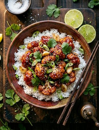 Crispy sticky Korean cauliflower glazed in gochujang sauce served over steamed white rice garnished with green onions and cilantro