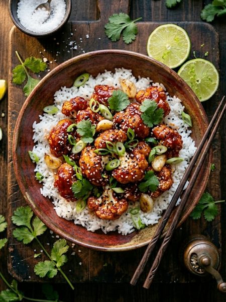 Crispy sticky Korean cauliflower glazed in gochujang sauce served over steamed white rice garnished with green onions and cilantro
