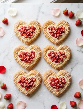 Golden flaky heart-shaped puff pastry danishes filled with cream cheese and fresh strawberries drizzled with vanilla glaze on a white marble surface