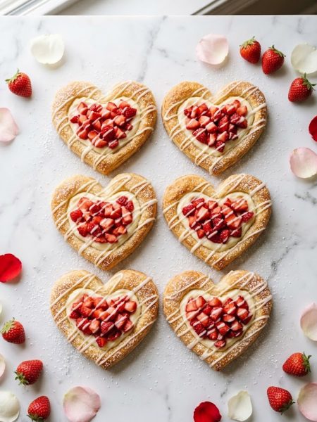 Golden flaky heart-shaped puff pastry danishes filled with cream cheese and fresh strawberries drizzled with vanilla glaze on a white marble surface