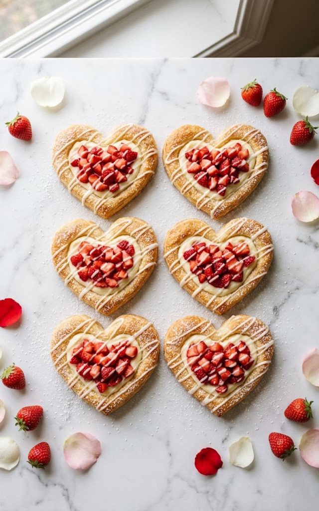Golden flaky heart-shaped puff pastry danishes filled with cream cheese and fresh strawberries drizzled with vanilla glaze on a white marble surface