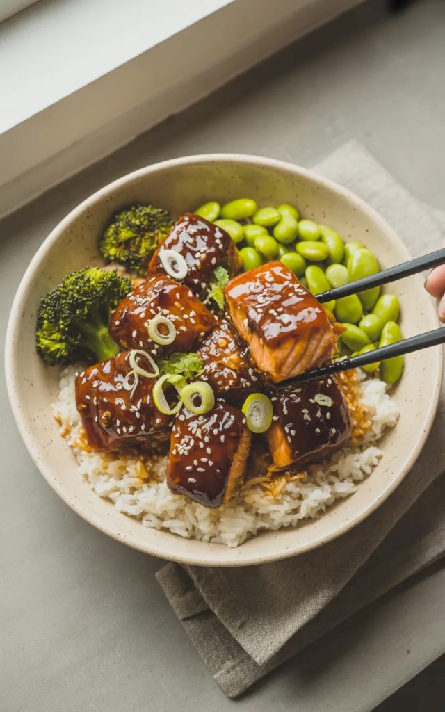Teriyaki glazed salmon bites over white rice in a wide ceramic bowl with steamed broccoli edamame sliced green onions and sesame seeds with black chopsticks lifting one piece