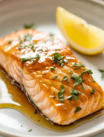 A glazed salmon fillet topped with fresh parsley and served with a lemon wedge on a white plate