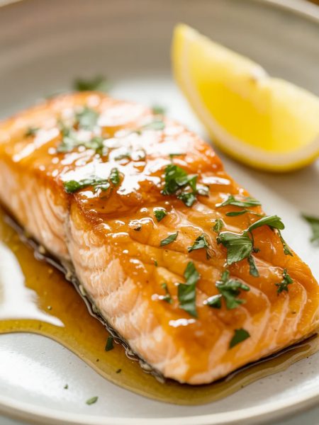 A glazed salmon fillet topped with fresh parsley and served with a lemon wedge on a white plate