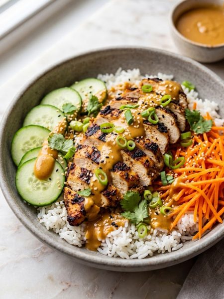 A stone bowl filled with fluffy white rice topped with sliced grilled chicken cucumber rounds shredded carrots and a generous drizzle of creamy Thai peanut sauce garnished with green onions and sesame seeds