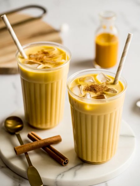 Two clear plastic cups filled with creamy iced golden milk turmeric lattes with straws and a light cinnamon dusting on top sitting on a white marble surface with cinnamon sticks and a gold spoon