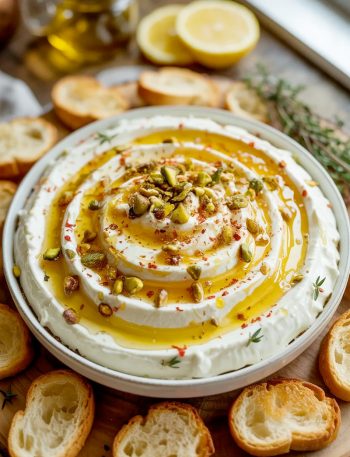 A wide white ceramic bowl of silky smooth whipped feta with a golden hot honey swirl crushed pistachios and red pepper flakes on top surrounded by golden toasted crostini on a rustic wooden board