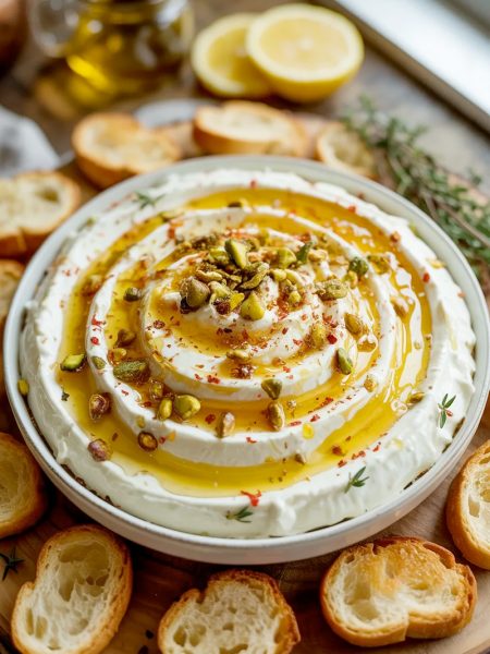 A wide white ceramic bowl of silky smooth whipped feta with a golden hot honey swirl crushed pistachios and red pepper flakes on top surrounded by golden toasted crostini on a rustic wooden board