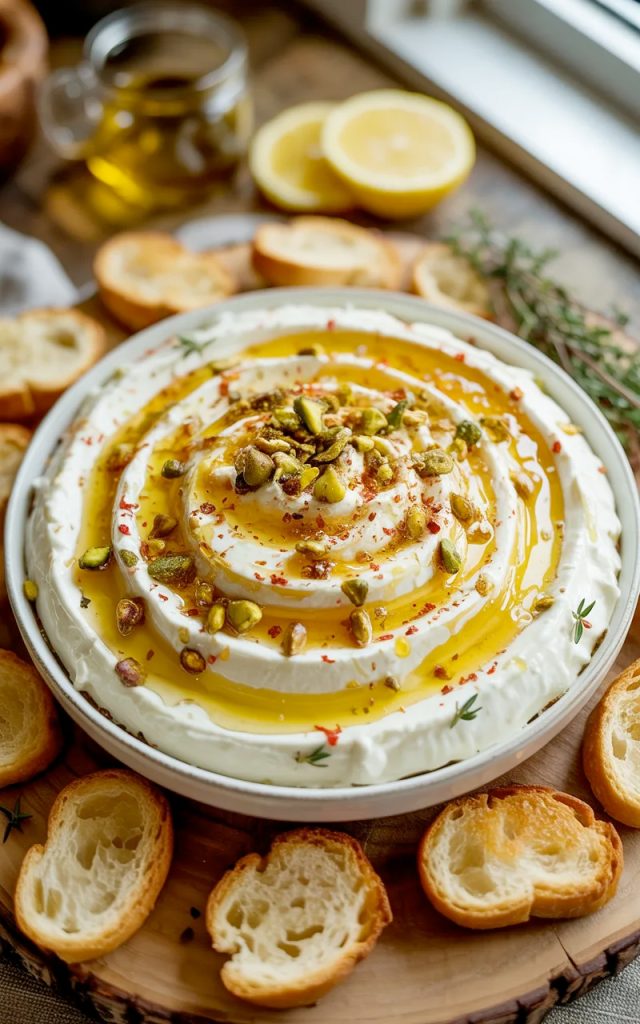 A wide white ceramic bowl of silky smooth whipped feta with a golden hot honey swirl crushed pistachios and red pepper flakes on top surrounded by golden toasted crostini on a rustic wooden board