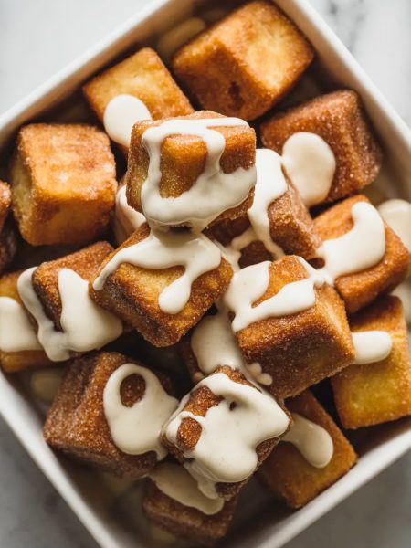 Overhead close-up of a white square bowl filled with golden cinnamon sugar angel cake churro bites drizzled with white vanilla glaze showing their crispy caramelized exterior