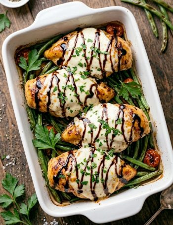 Balsamic baked chicken breast with melted mozzarella cheese and balsamic glaze drizzle served in a white baking dish with fresh green beans