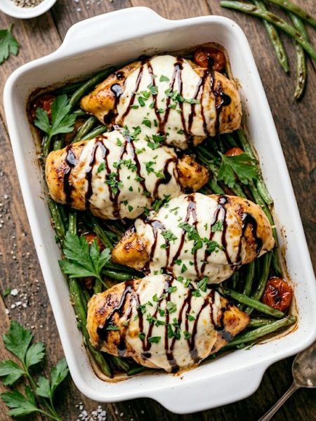 Balsamic baked chicken breast with melted mozzarella cheese and balsamic glaze drizzle served in a white baking dish with fresh green beans